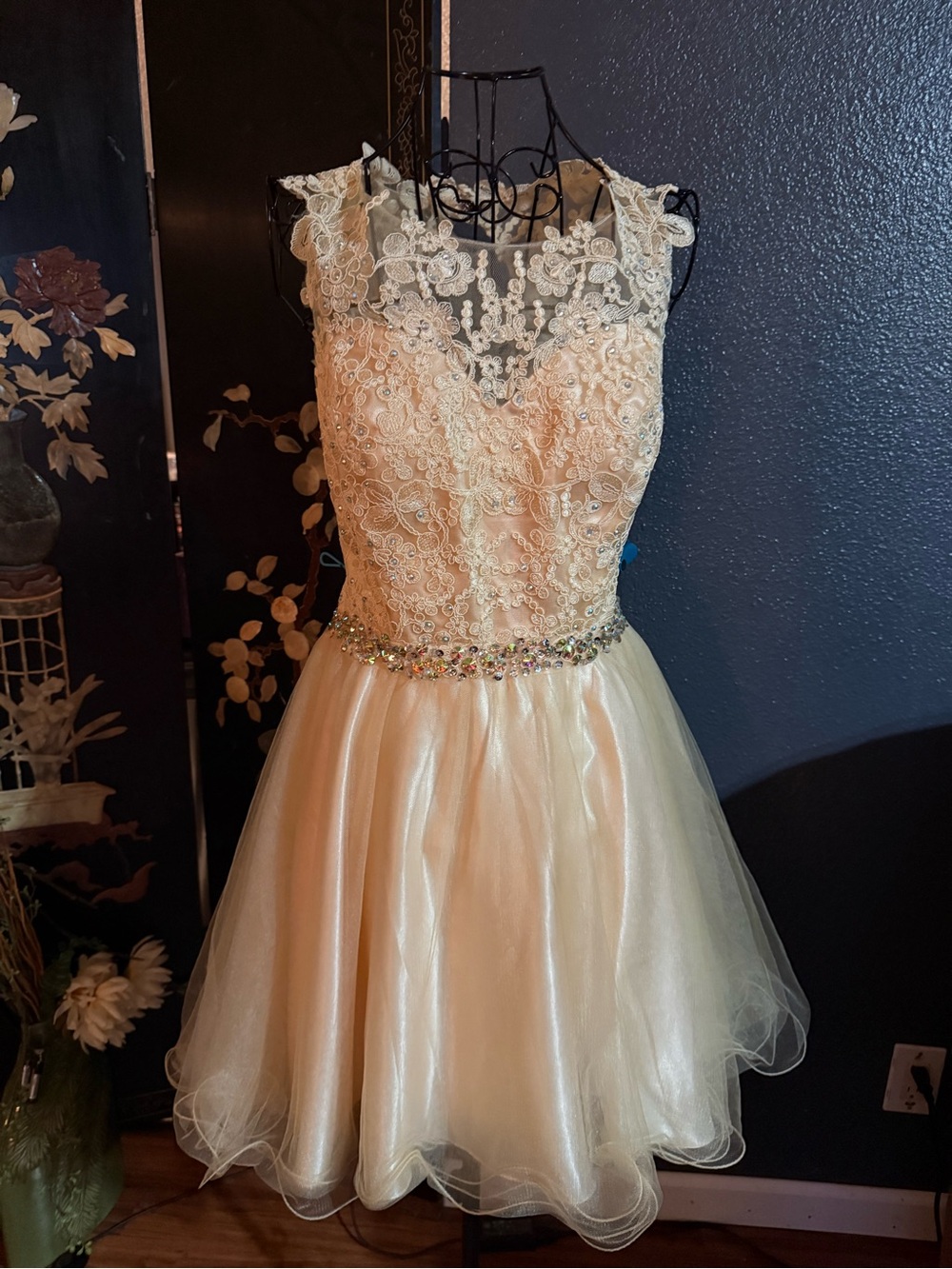 Ivory Lace and Tulle women’s Dress with Beaded Waist Large